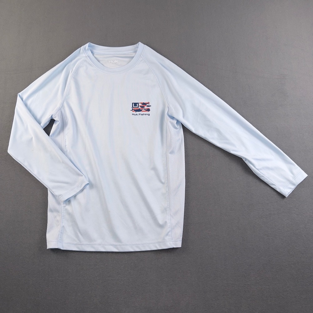 Huk Fishing Kids Blue Long Sleeve Performance Shirt American Flag Fish YM